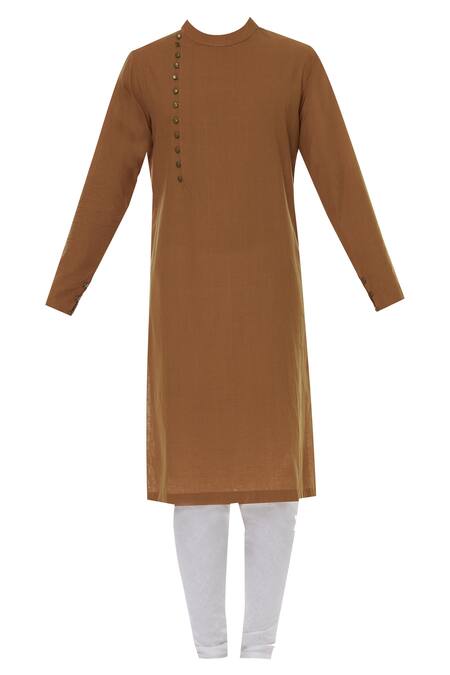 Shop_Gram Of Ink_Orange Cotton Band Collar Kurta Set_Online_at_Aza_Fashions