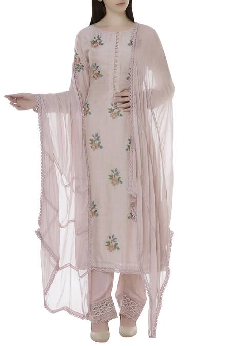 Shruti Sancheti Pink Chiffon, Silk Mul Round Hand Embroidered Kurta Set