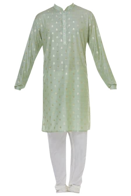 Buy_Chatenya Mittal_Green Silk Leaf Motif Woven Kurta Set_Online_at_Aza_Fashions