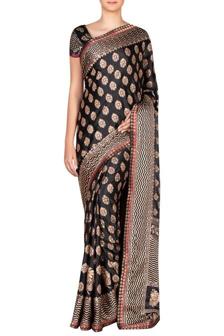 RI.Ritu Kumar Black Silk Satin Printed Saree With Blouse Fabric Online at Aza Fashions RI.Ritu Kumar_Black Silk Satin Printed Saree With Blouse Fabric _Online_at_Aza_Fashions