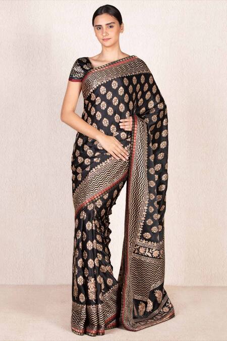 Buy RI.Ritu Kumar Black Silk Satin Printed Saree With Blouse Fabric Online at Aza Fashions Buy_RI.Ritu Kumar_Black Silk Satin Printed Saree With Blouse Fabric _Online_at_Aza_Fashions