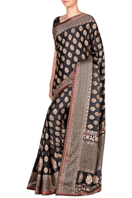 Shop RI.Ritu Kumar Black Silk Satin Printed Saree With Blouse Fabric Online at Aza Fashions Shop_RI.Ritu Kumar_Black Silk Satin Printed Saree With Blouse Fabric _Online_at_Aza_Fashions