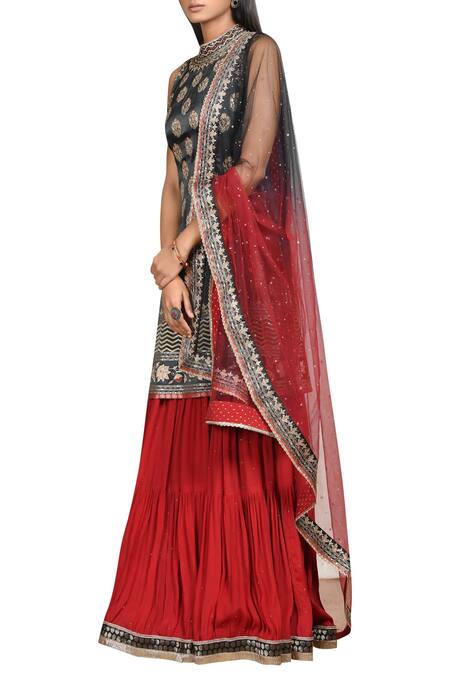 RI.Ritu Kumar_Black Silk Satin High Neckline Embroidered Kurta Lehenga Set_Online_at_Aza_Fashions