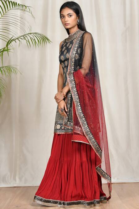 Buy_RI.Ritu Kumar_Black Silk Satin High Neckline Embroidered Kurta Lehenga Set_Online_at_Aza_Fashions