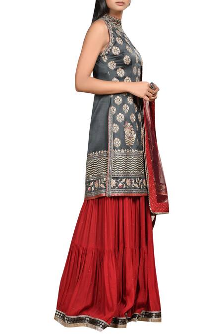 Shop_RI.Ritu Kumar_Black Silk Satin High Neckline Embroidered Kurta Lehenga Set_Online_at_Aza_Fashions