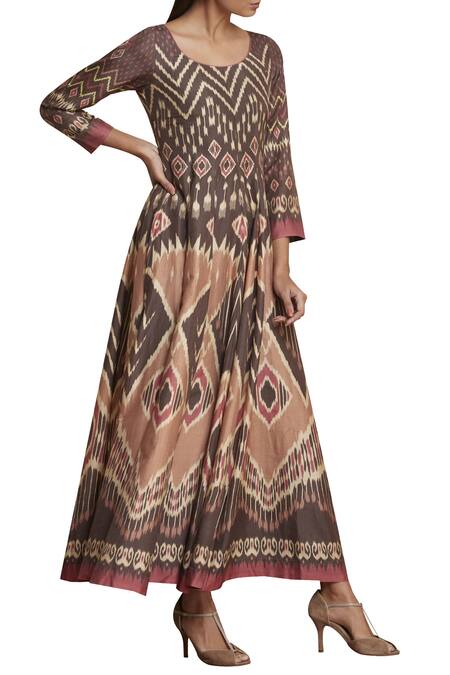 Ritu Kumar_Brown Chanderi Silk Round Printed Kurta_Online_at_Aza_Fashions