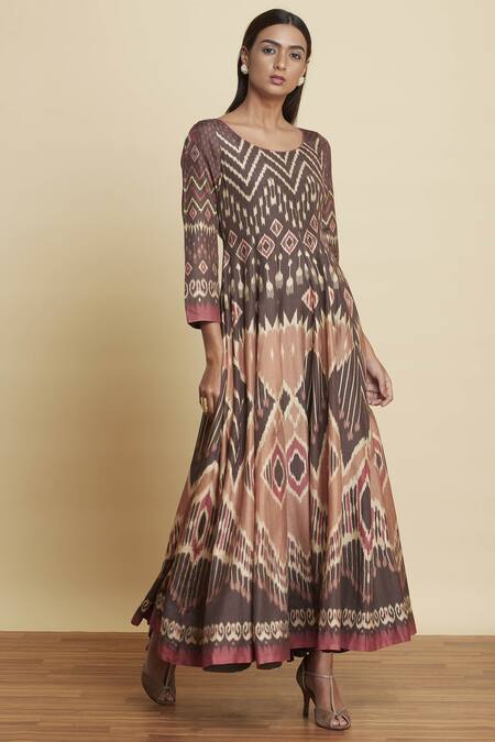 Buy_Ritu Kumar_Brown Chanderi Silk Round Printed Kurta_Online_at_Aza_Fashions