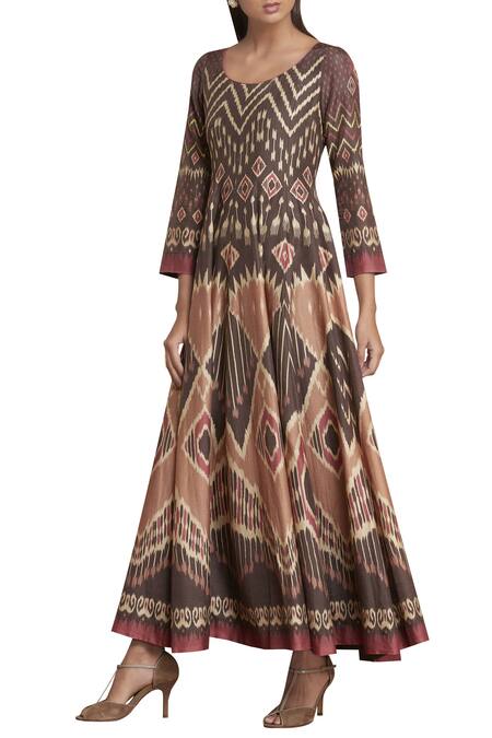 Shop_Ritu Kumar_Brown Chanderi Silk Round Printed Kurta_Online_at_Aza_Fashions