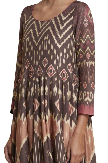Ritu Kumar_Brown Chanderi Silk Round Printed Kurta_at_Aza_Fashions