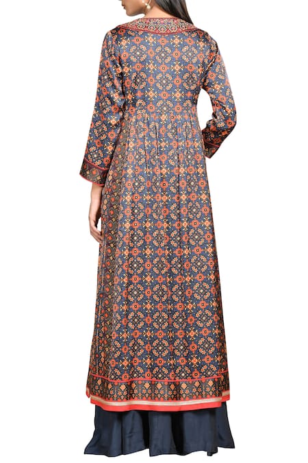 Shop_RI.Ritu Kumar_Blue Silk Satin Split Neck Printed Kurta Palazzo Set _at_Aza_Fashions