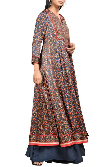 RI.Ritu Kumar_Blue Silk Satin Split Neck Printed Kurta Palazzo Set _Online_at_Aza_Fashions