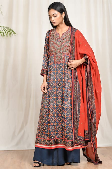 Buy RI.Ritu Kumar Blue Silk Satin Split Neck Printed Kurta Palazzo Set Online at Aza Fashions Buy_RI.Ritu Kumar_Blue Silk Satin Split Neck Printed Kurta Palazzo Set _Online_at_Aza_Fashions