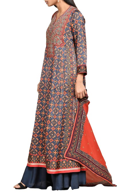 Shop_RI.Ritu Kumar_Blue Silk Satin Split Neck Printed Kurta Palazzo Set _Online_at_Aza_Fashions