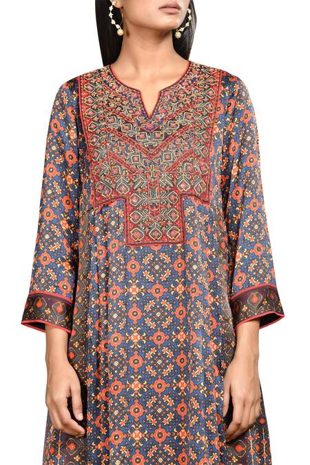RI.Ritu Kumar_Blue Silk Satin Split Neck Printed Kurta Palazzo Set _at_Aza_Fashions