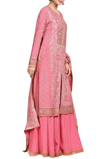 RI.Ritu Kumar_Gold Silk Crepe Round Printed And Embroidered Kurta Set_Online_at_Aza_Fashions