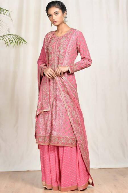 Buy_RI.Ritu Kumar_Gold Silk Crepe Round Printed And Embroidered Kurta Set_Online_at_Aza_Fashions