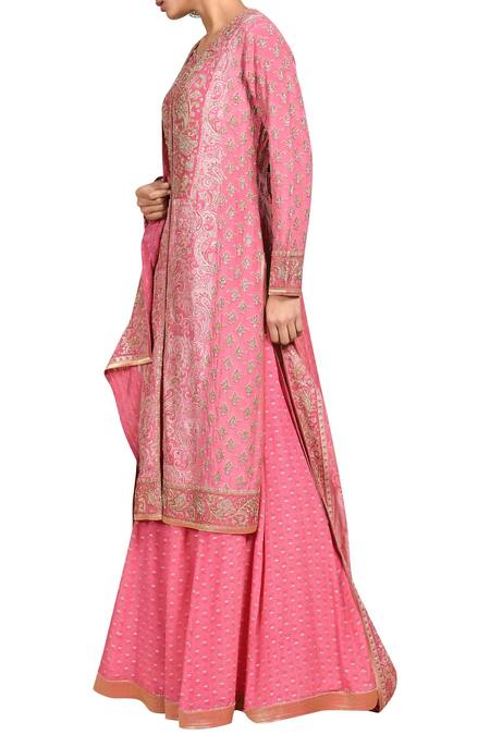 Shop_RI.Ritu Kumar_Gold Silk Crepe Round Printed And Embroidered Kurta Set_Online_at_Aza_Fashions