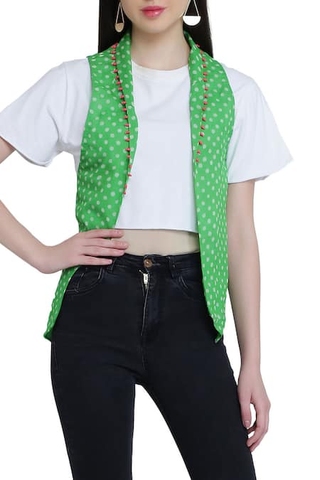 Anupamaa Dayal_Green Silk Polka Print Jacket_Online_at_Aza_Fashions
