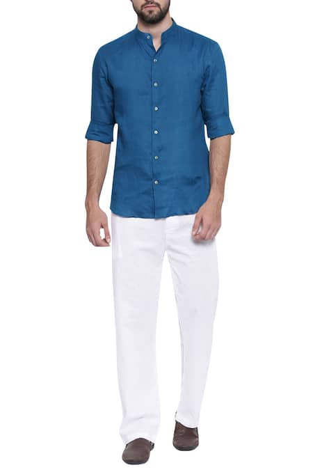 Mayank Modi - Men Blue Linen Slim Fit Shirt 
