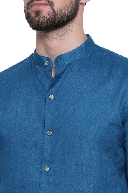 Mayank Modi - Men_Blue Linen Slim Fit Shirt _at_Aza_Fashions