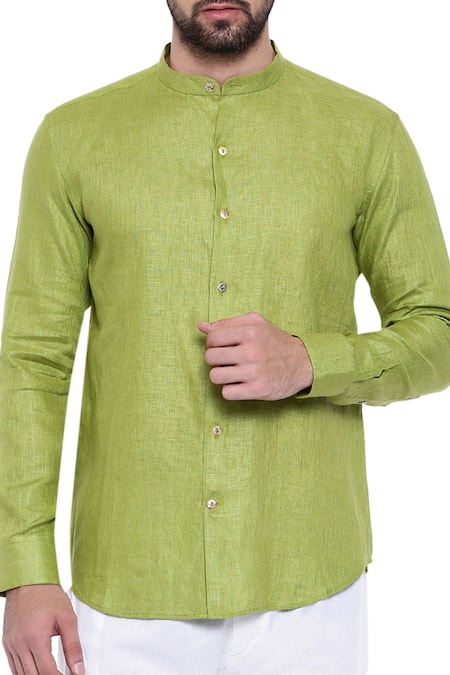 Mayank Modi - Men Mandarin Collar Green Linen Shirt For Kids