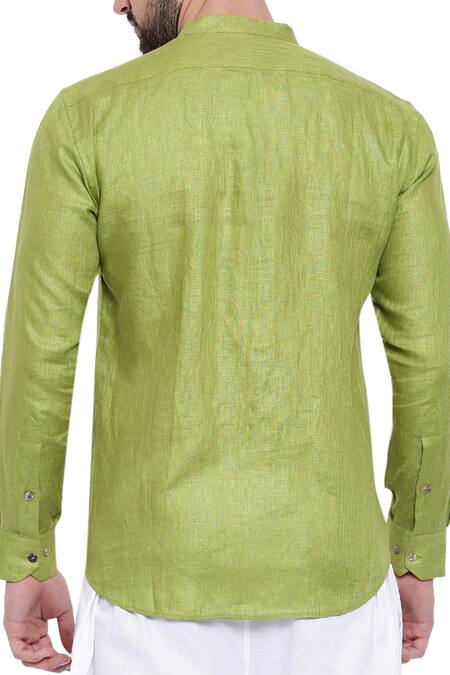 Mayank Modi - Men_Green Linen Mandarin Collar Shirt For Kids_Online_at_Aza_Fashions
