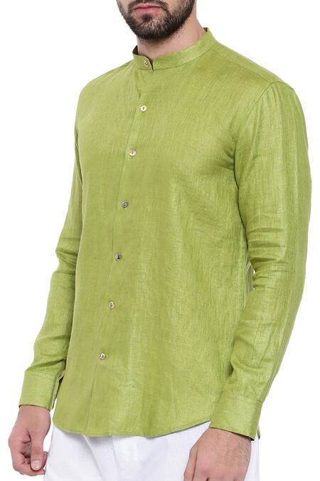 Buy_Mayank Modi - Men_Green Linen Mandarin Collar Shirt For Kids_Online_at_Aza_Fashions