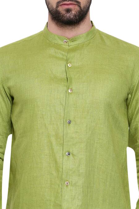 Shop_Mayank Modi - Men_Green Linen Mandarin Collar Shirt For Kids_Online_at_Aza_Fashions