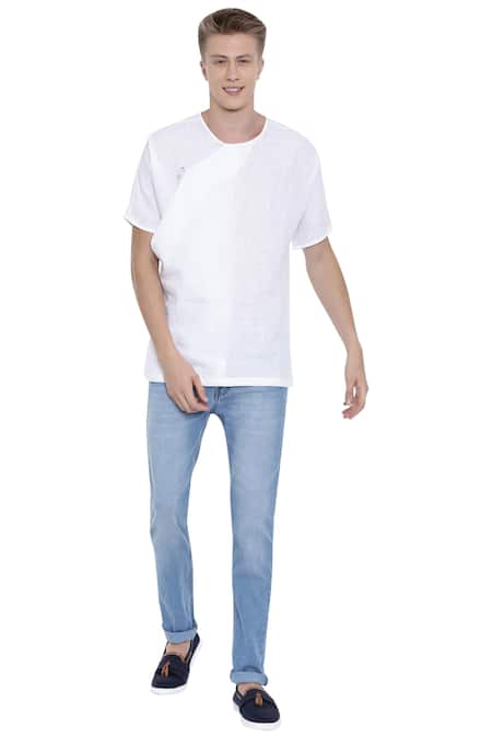 Buy_Mayank Modi - Men_White Linen Overlap Kurta _Online_at_Aza_Fashions