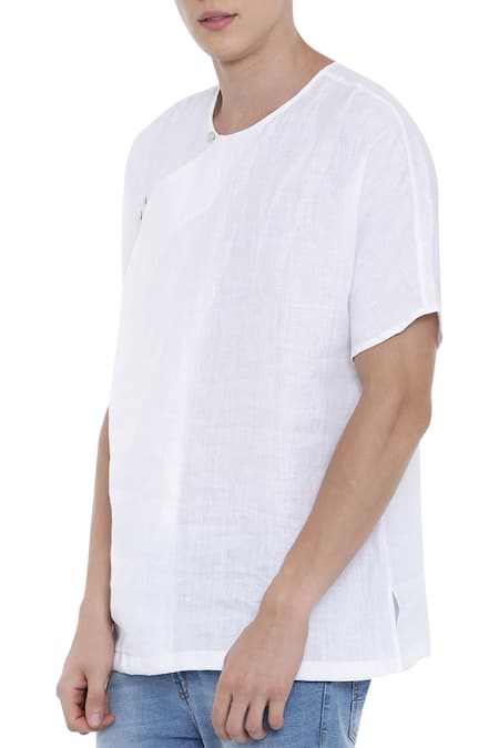 Shop_Mayank Modi - Men_White Linen Overlap Kurta _Online_at_Aza_Fashions