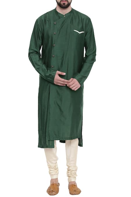 Mayank Modi - Men Green Mandarin Collar Kurta Set 