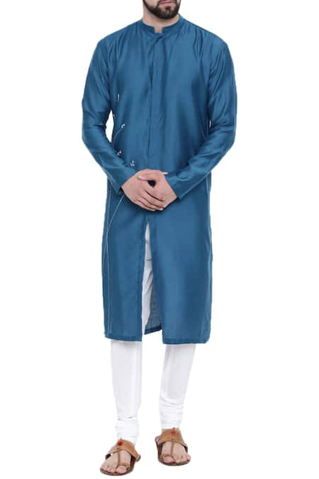 Mayank Modi - Men Blue Cotton Satin Mandarin Collar Kurta Set 