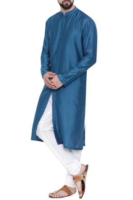 Mayank Modi - Men_Blue Cotton Satin Mandarin Collar Kurta Set_Online_at_Aza_Fashions
