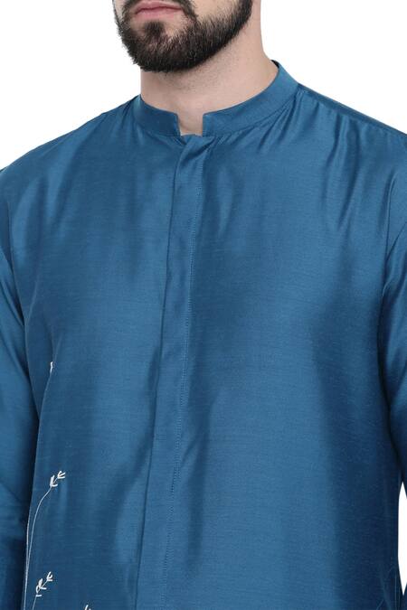 Buy_Mayank Modi - Men_Blue Cotton Satin Mandarin Collar Kurta Set_Online_at_Aza_Fashions