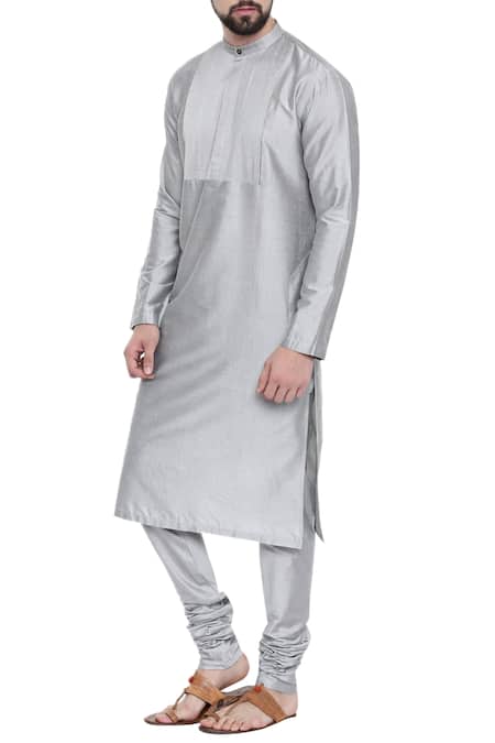 Mayank Modi - Men Grey Cotton Silk Pintuck Kurta Set 