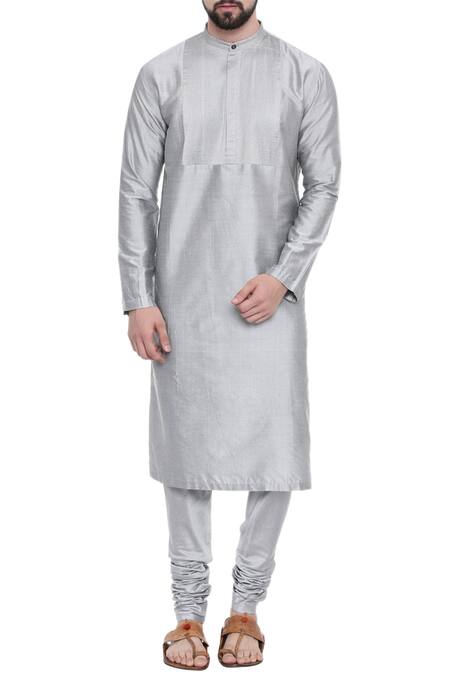 Mayank Modi - Men_Grey Cotton, Silk Pintuck Kurta Set For Kids_Online_at_Aza_Fashions