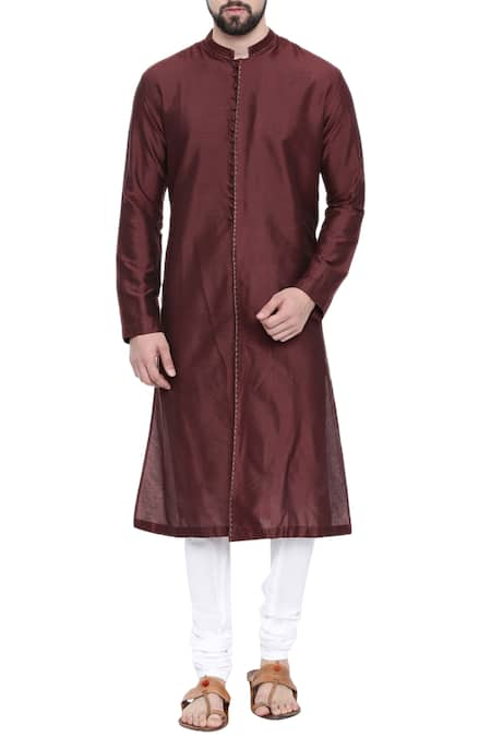 Mayank Modi - Men Brown Cotton Silk Mandarin Collar Kurta Set 