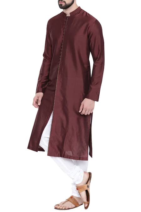 Mayank Modi - Men_Brown Cotton, Silk Mandarin Collar Kurta Set For Kids_Online_at_Aza_Fashions
