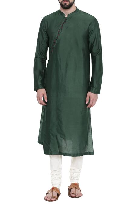 Mayank Modi - Men Green Cotton Silk Mandarin Collar Kurta Set 
