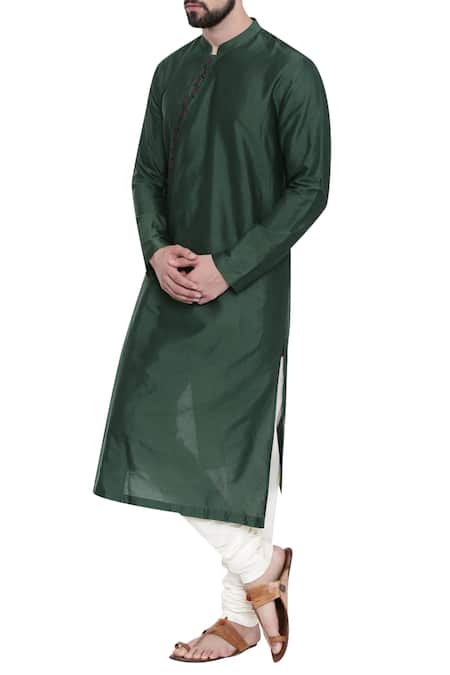 Mayank Modi - Men_Green Cotton Silk Mandarin Collar Kurta Set_Online_at_Aza_Fashions