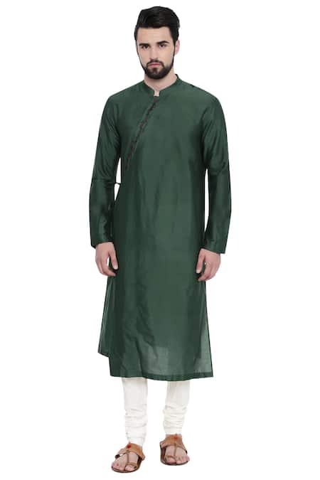 Buy_Mayank Modi - Men_Green Cotton Silk Mandarin Collar Kurta Set_Online_at_Aza_Fashions