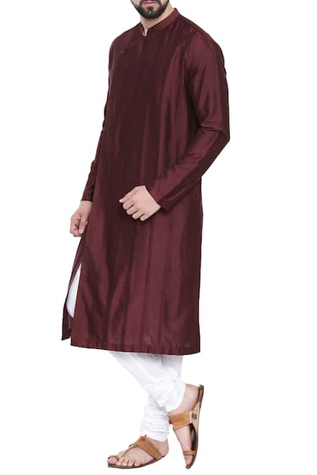 Mayank Modi - Men_Brown Silk, Cotton Overlap Kurta And Churidar Set_Online_at_Aza_Fashions