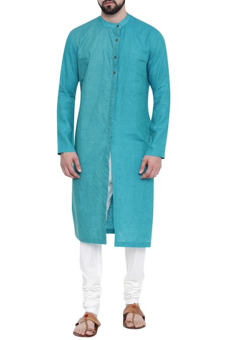 Mayank Modi - Men Blue Linen Embroidered Kurta Set 