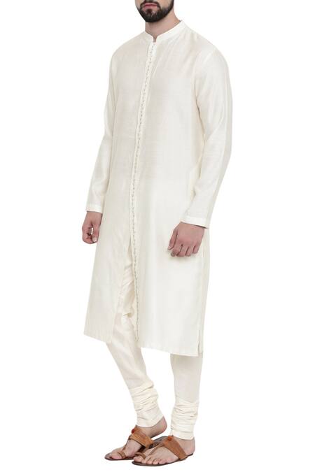 Mayank Modi - Men_Cream Silk Jaquard Kurta And Churidar Set_Online_at_Aza_Fashions