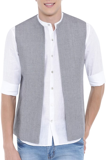 Shop Mayank Modi - Men Grey Linen Short Jacket at Aza Fashions Shop_Mayank Modi - Men_Grey Linen Short Jacket_at_Aza_Fashions