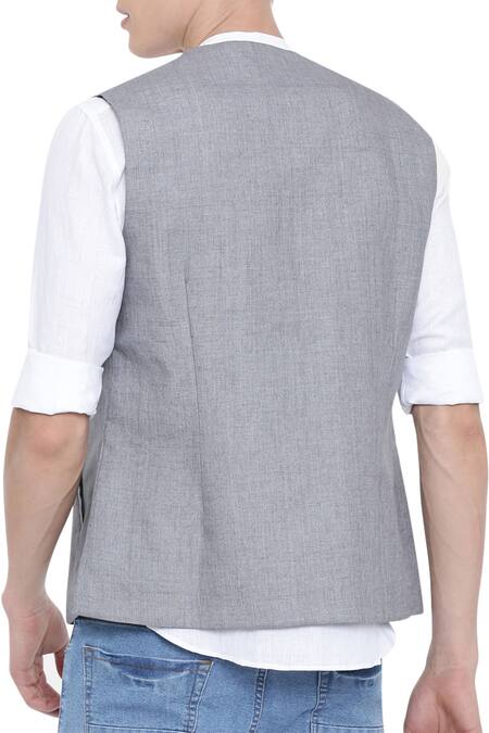 Mayank Modi - Men Grey Linen Short Jacket Online at Aza Fashions Mayank Modi - Men_Grey Linen Short Jacket_Online_at_Aza_Fashions