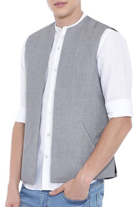 Shop Mayank Modi - Men Grey Linen Short Jacket Online at Aza Fashions Shop_Mayank Modi - Men_Grey Linen Short Jacket_Online_at_Aza_Fashions
