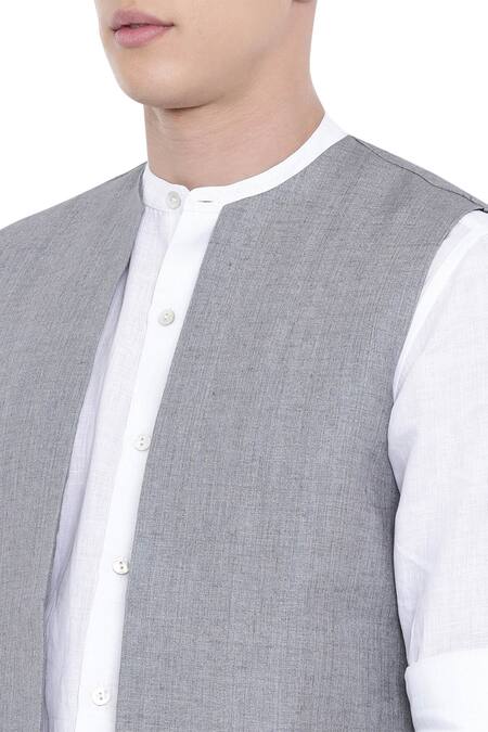 Mayank Modi - Men Grey Linen Short Jacket at Aza Fashions Mayank Modi - Men_Grey Linen Short Jacket_at_Aza_Fashions