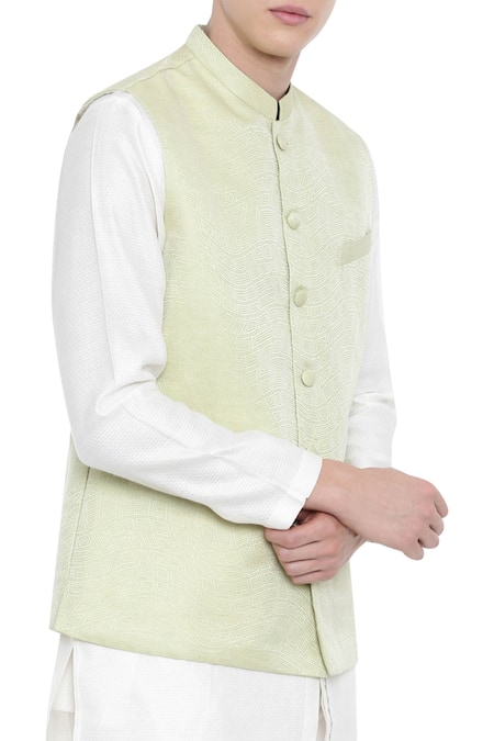 Buy_Mayank Modi - Men_Green Jaquard Silk Bundi _Online_at_Aza_Fashions