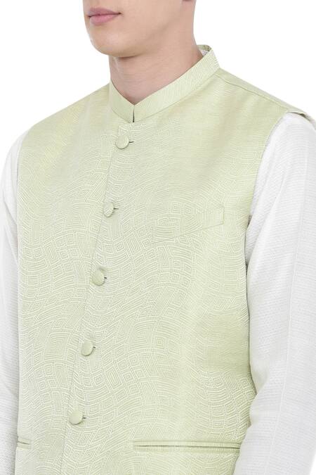 Shop_Mayank Modi - Men_Green Jaquard Silk Bundi _Online_at_Aza_Fashions
